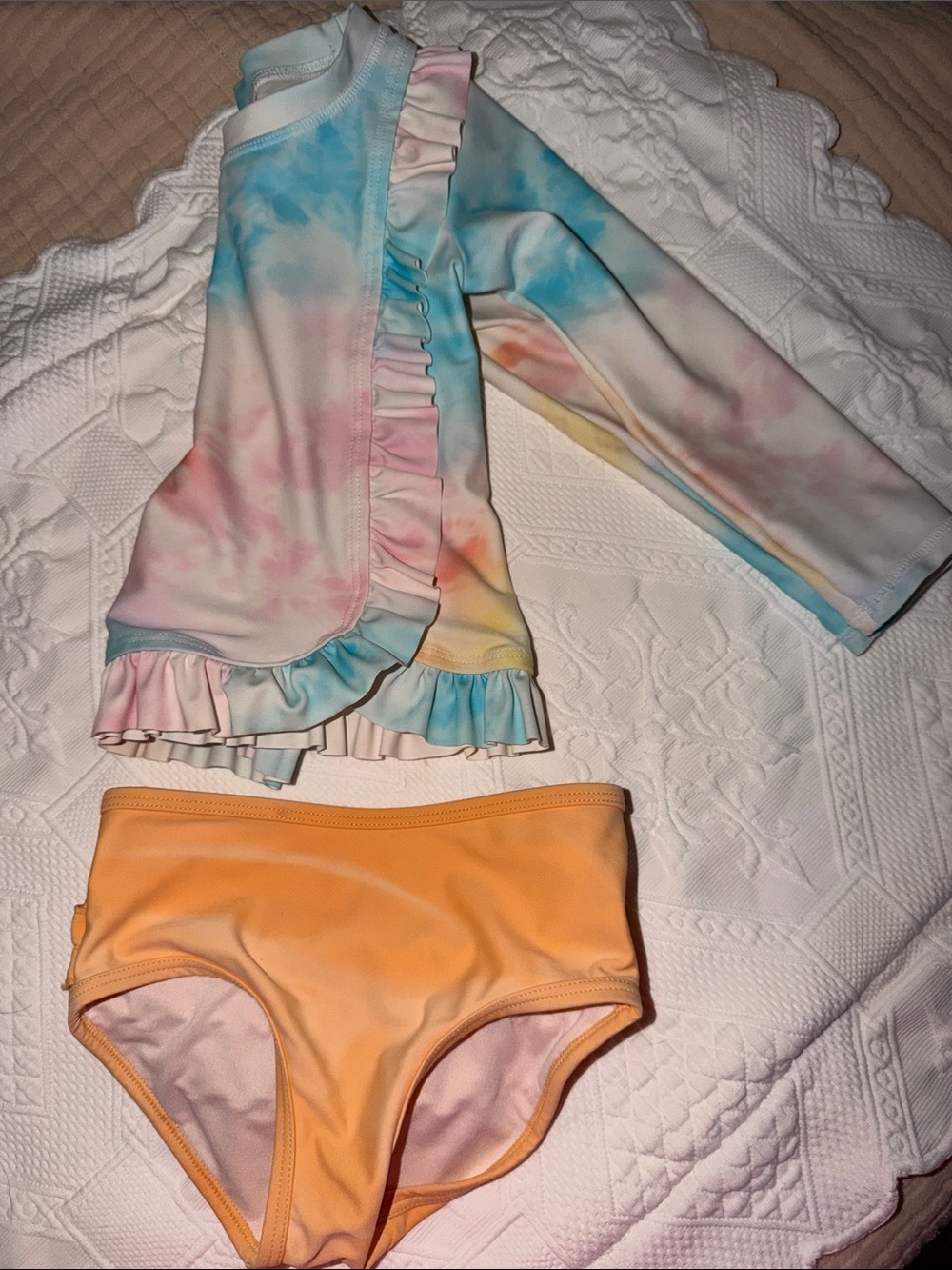 Ruffle Butts Pastel Tie-Dye Ruffle Rash Guard & Peach Bikini Bottoms - Picture 6 of 8